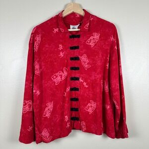 Very Vineyard Women's Large Blouse Red Fish Calligraphy Frog Closure Boho